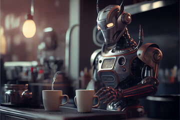 Coffee Robot chef prepares espresso in bar. Robotic chef barista cooking espresso in smart kitchen. Robotic automatization. Replacing human labor with robotics. Future concept with smart robotics and