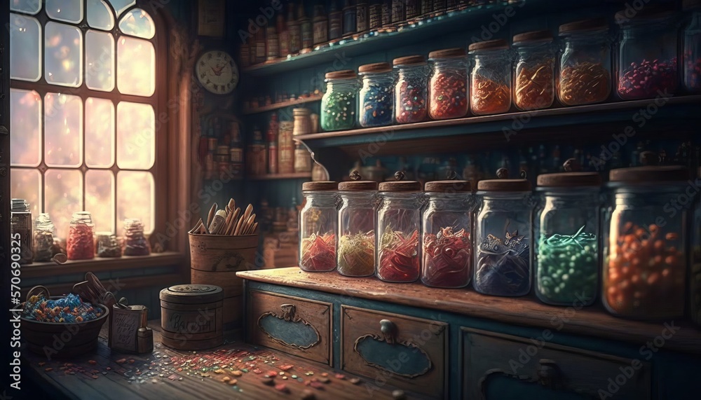 Wall mural Old and magical sweet shop. Generative AI.
