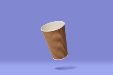 Paper cup of coffee, flying paper cup on color background