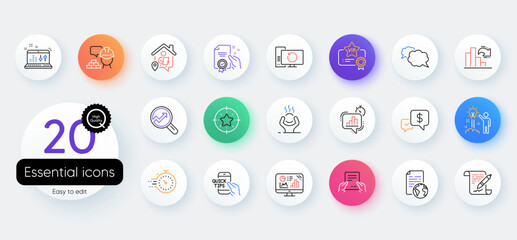 Simple set of Recovery computer, Agreement document and Messenger line icons. Include Statistics timer, Certificate, Creative idea icons. Timer, Analytics, Payment received web elements. Vector