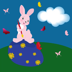 Obraz na płótnie Canvas Flat vector illustration of a cute cartoon easter bunny sits on a blue egg and paints it with a brush, colorful butterflies fly around it, there is a place for your text on the cloud