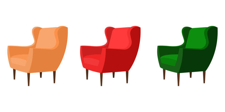 Set of three chairs in green, red, peach. Flat style. 