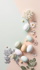 Naklejka na ściany i meble Minimalist, modern Easter background with flowers and Easter eggs in pastel colors with lots of free space from above telephone wallpaper mobile
