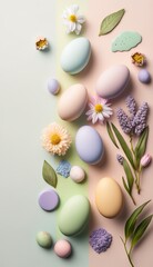 Obraz na płótnie Canvas Minimalist, modern Easter background with flowers and Easter eggs in pastel colors with lots of free space from above telephone wallpaper mobile