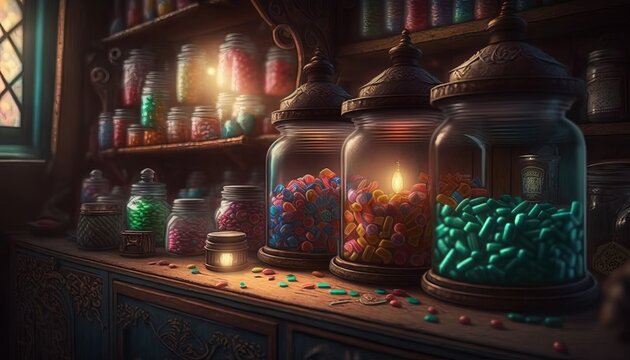 Old and magical sweet shop. Generative AI.
