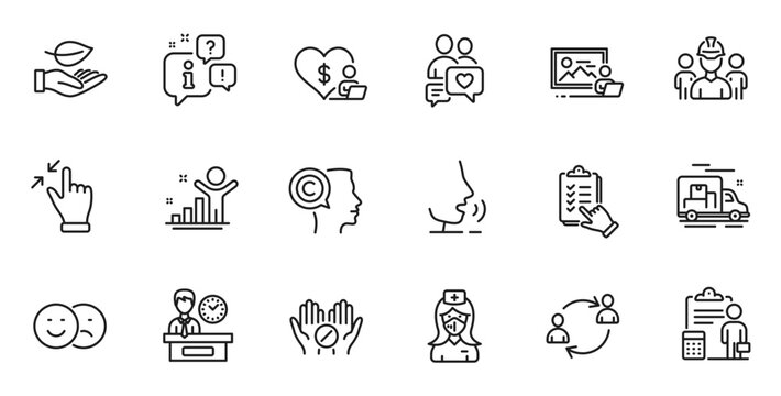 Outline set of Presentation time, Volunteer and Touchscreen gesture line icons for web application. Talk, information, delivery truck outline icon. Vector