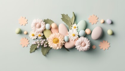 Obraz na płótnie Canvas Minimalist, modern Easter background with flowers and Easter eggs in pastel colors with lots of free space from above