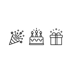 Gift, cake, confetti flat vector icons. Birthday party vector icons set