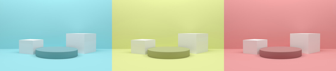 Set of realistic 3D cylinder pedestal podium with white cubes on aqua blue, lemon yellow and coral red background. Abstract rendering geometric platform.