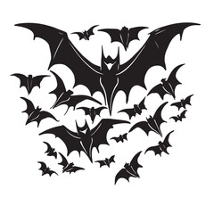 Lots of silhouettes flying bats. Good for tattoo. Editable vector monochrome image with high details isolated on white