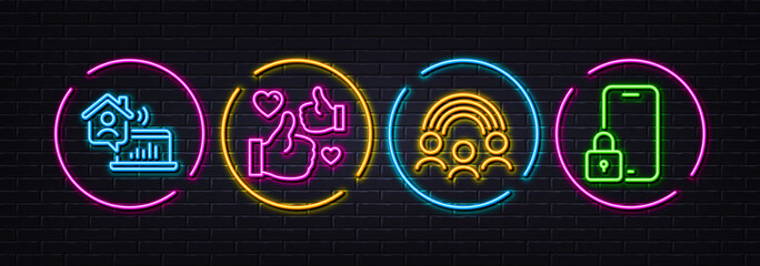 Inclusion, Like and Work home minimal line icons. Neon laser 3d lights. Lock icons. For web, application, printing. Equity rainbow, Thumbs up, Outsource work. Phone protection. Vector