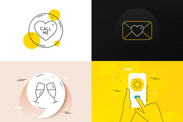 Minimal set of Dating network, Valentine and Call me line icons. Phone screen, Quote banners. Champagne glasses icons. For web development. Relationships network, Love letter, Love sweetheart. Vector