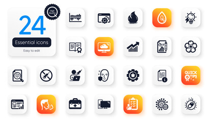 Set of Science flat icons. Vaccination appointment, Cloud storage and Certificate elements for web application. Natural linen, Coronavirus, Computer icons. Fire energy, Cough. Vector