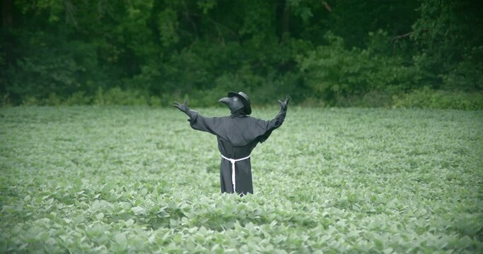 Plague doctor in field with wind blowing in slow motion