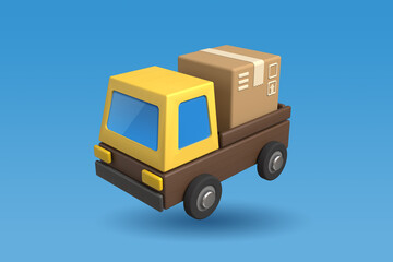 The icon of a cartoon truck with a cardboard box in the back hovers in space. The concept of cargo transportation and delivery service on a blue background. 3D rendering.