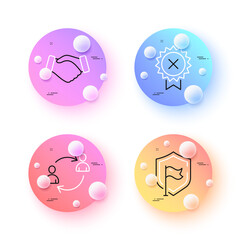 User communication, Shield and Handshake minimal line icons. 3d spheres or balls buttons. Reject medal icons. For web, application, printing. Human resources, Safe secure, Deal hand. Vector