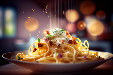 Pasta spaghetti with cheese and souse Generated AI - obrazy, fototapety, plakaty