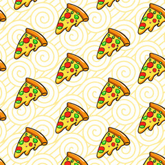 Seamless pizza pattern. Hand drawn pizza illustrations. Vector illustration.