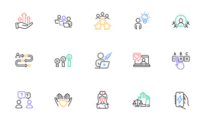 Business meeting, Customer satisfaction and Vaccination appointment line icons for website, printing. Collection of Journey path, Correct checkbox, Court jury icons. Nurse, Group people. Vector