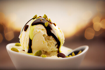 Delicious vanilla  ice cream with chocolate topping and pistachio nuts. Bokeh light background. Generative AI. 
