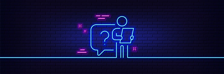Neon light glow effect. Search employee line icon. Interview candidate sign. Question mark symbol. 3d line neon glow icon. Brick wall banner. Search employee outline. Vector