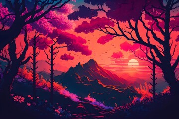 Beautiful forest landscape with a sunset synthwave style | Ai Generated Synthwave Wallpaper/Background |
