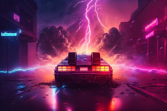DeLorean driving through the storm | Back to the Future inspired Ai Generated wallpaper/background |