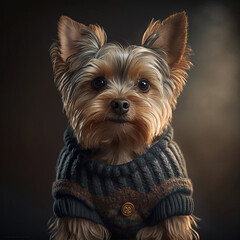 Cute yoksher terrier in a warm jacket. Fashionable clothes for animals. Realistic illustration,AI generative