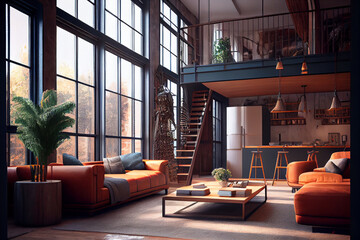 Rust colour interior of Modern loft living room with high ceiling, sofa, empty brown brick wall, concrete floor, wooden cabinet, design accessories in the steel stack, dining table with chairs. Mock