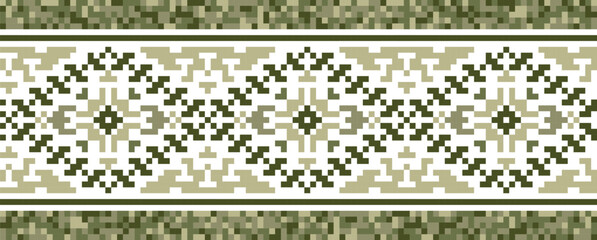 Military design digital pattern. Ukrainian folk ethnic decor. Urban style pixel art vector decor. Fashion military print in green colors