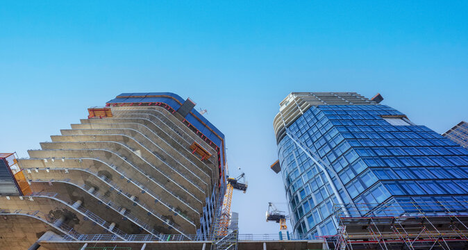 Looking Up At The Building Site Of Skyscrapers In Frankfurt, Germany