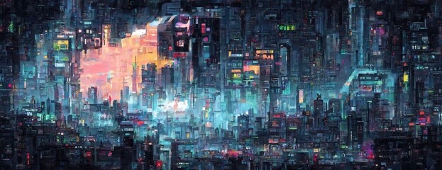 Fototapeta na wymiar Pixel Cyberpunk neon city night. Futuristic city scene in a style of pixel art. 80's wallpaper. Retro future Generative AI illustration. Urban scene.