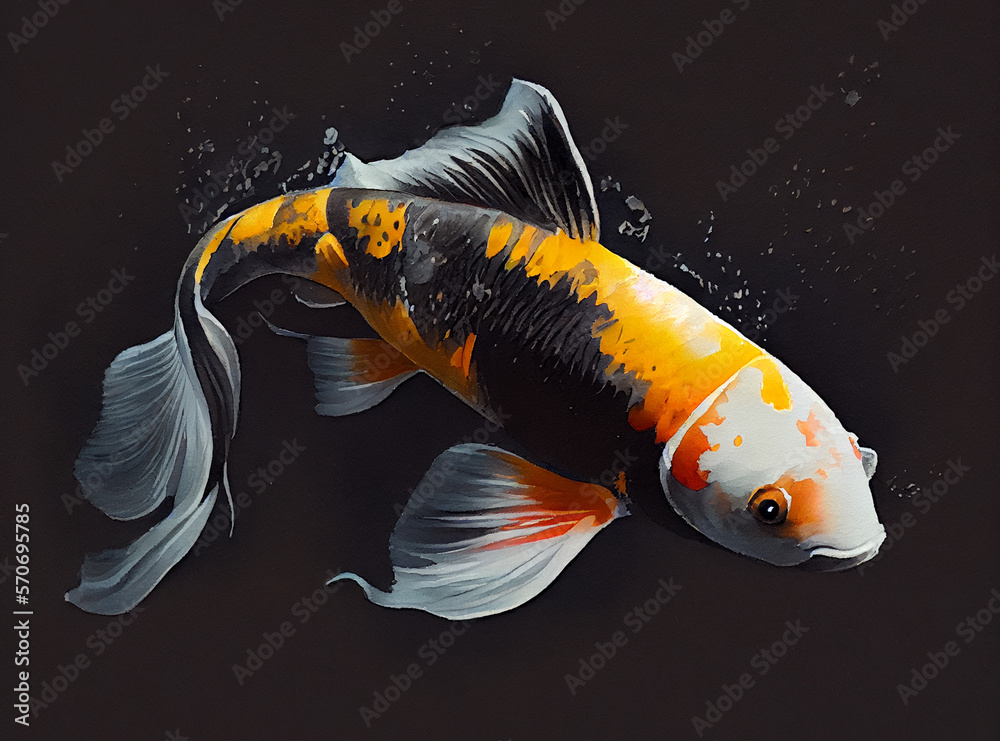 Wall mural Watercolor illustration of a Koi Carp fish in Black, white, and Gold pattern on a white background with dark splashes of color. Generative AI.