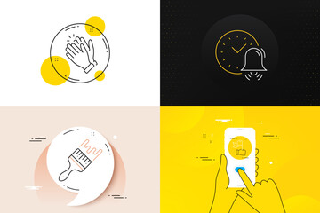 Minimal set of Alarm bell, Leadership and Clapping hands line icons. Phone screen, Quote banners. Brush icons. For web development. Time, Winner flag, Clap. Art brush. Alarm bell line icon. Vector