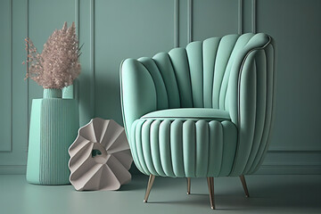 The interior of a modern living room with a pastel mint colors armchair near the wall. Generative AI.