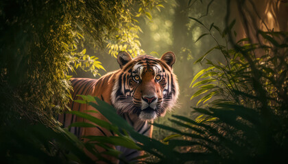 Tigre escondido entre los arboles en mitad de la selva, creada con IA generativa - obrazy, fototapety, plakaty