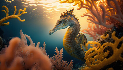 Fototapeta na wymiar Caballito de mar irreal, fantasía, creado con IA generativa