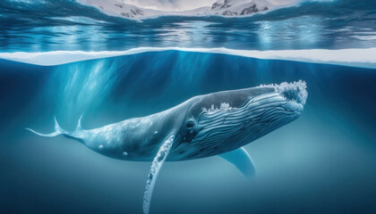 Ballena azul nadando en el hielo de la Antártida, creada con IA generativa