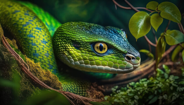 Close-up serpiente verde en la jungla, creada con IA generativa