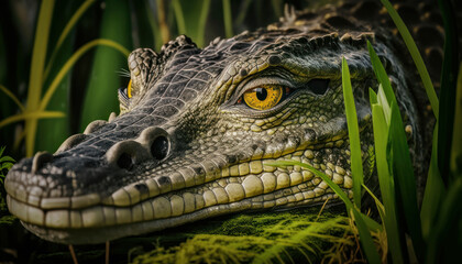 Obraz premium Close-up cocodrilo salvaje, creada con IA generativa