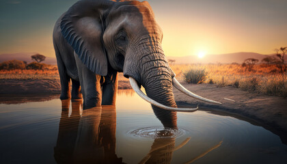 Elefante bebiendo agua al atardecer, creada con IA generativa