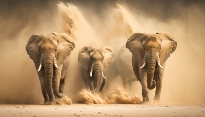 Obraz na płótnie Canvas Manada de elefantes huyendo de un tormenta de arena, creada con IA generativa
