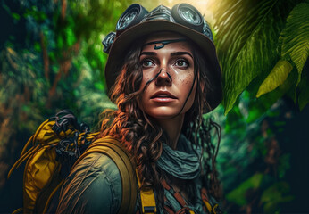 Aventurera explorando en la selva, misión científica, creado con IA generativa - obrazy, fototapety, plakaty