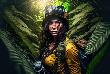 Investigadora explorando en la jungla, misión científica, creado con IA generativa - obrazy, fototapety, plakaty