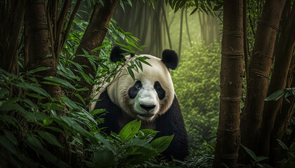 Oso panda en mitad de un bosque de bambú, creado con IA generativa - obrazy, fototapety, plakaty