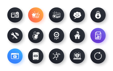 Minimal set of Video content, Spanner tool and Stars flat icons for web development. Customer survey, Smile, Bitcoin icons. Scroll down, Chemical formula, Tested stamp web elements. Vector