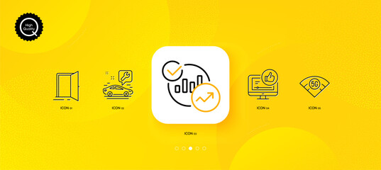 Fototapeta na wymiar Open door, 5g wifi and Statistics minimal line icons. Yellow abstract background. Car service, Like video icons. For web, application, printing. Entrance, Wireless internet, Report charts. Vector
