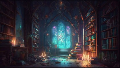 Old and magical library. Generative AI.
