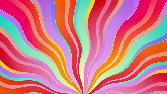 Retro, 2d, multicolor, wavy, groovy, hippie, flat, abstract, cartoon looping background sunbeams. 
