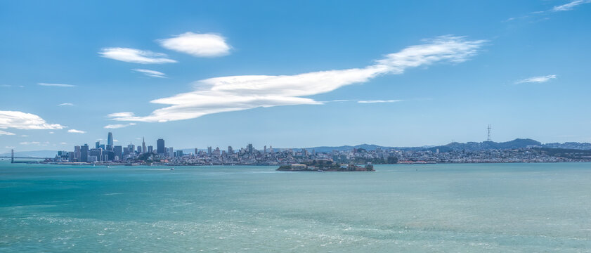 Panorama of Majestic San Francisco Skyline: San Francisco Downtown from Angel Island with views of Alcatraz, Sutro Tower, skyscrapers, and the Bay Bridge